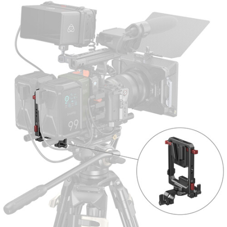 SmallRig 6273 - obrotowa płytka montażowa do akumulatora V-Mount (obustronny, 2x mocowanie V-Lock) z zaciskiem na 2x pręt 15mm - przykład użycia
